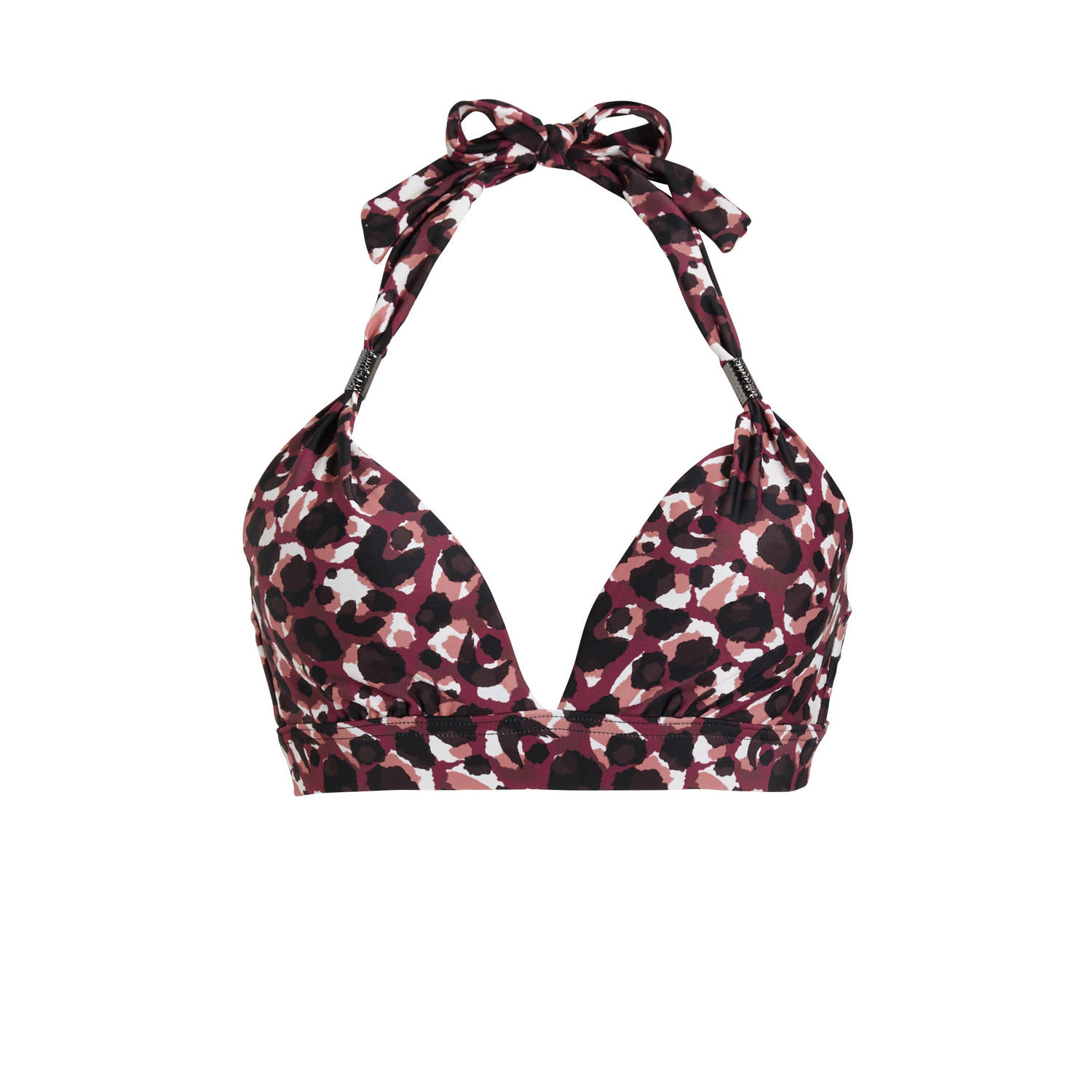 BEACHWAVE voorgevormde halter bikinitop donkerroze zwart wit