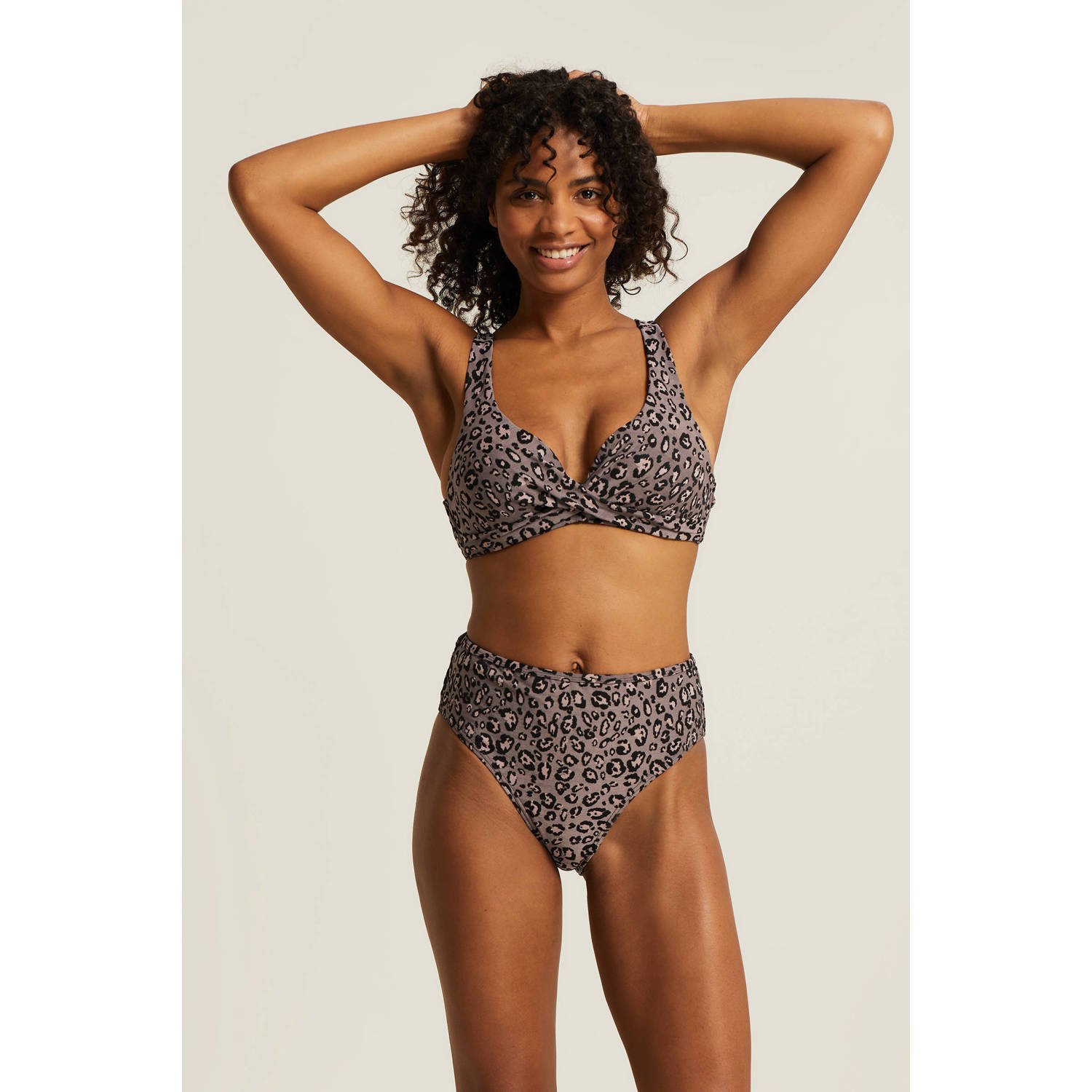 BEACHWAVE voorgevormde push-up bikinitop taupe roze zwart