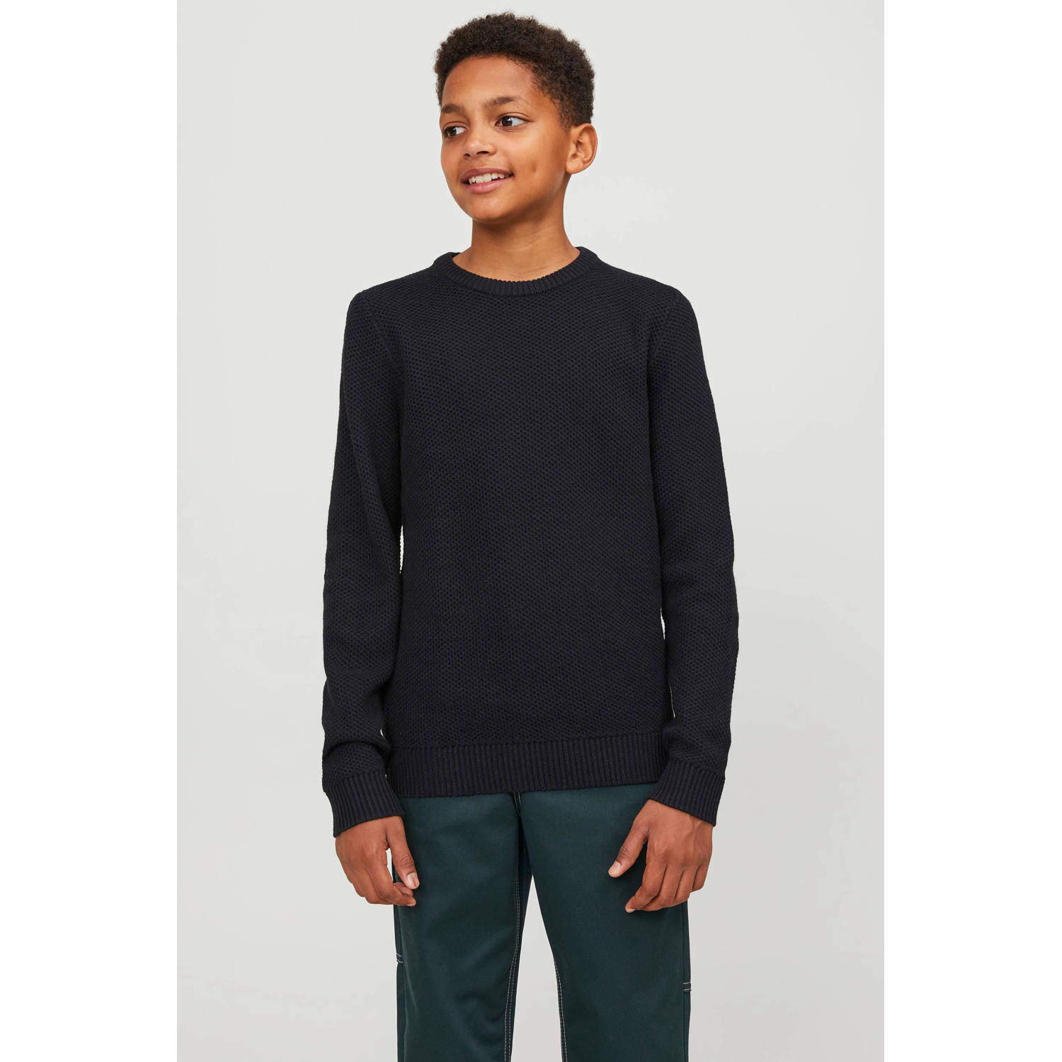 Jack & jones JUNIOR gebreide trui JORBRODY zwart Jongens Katoen Ronde hals 140