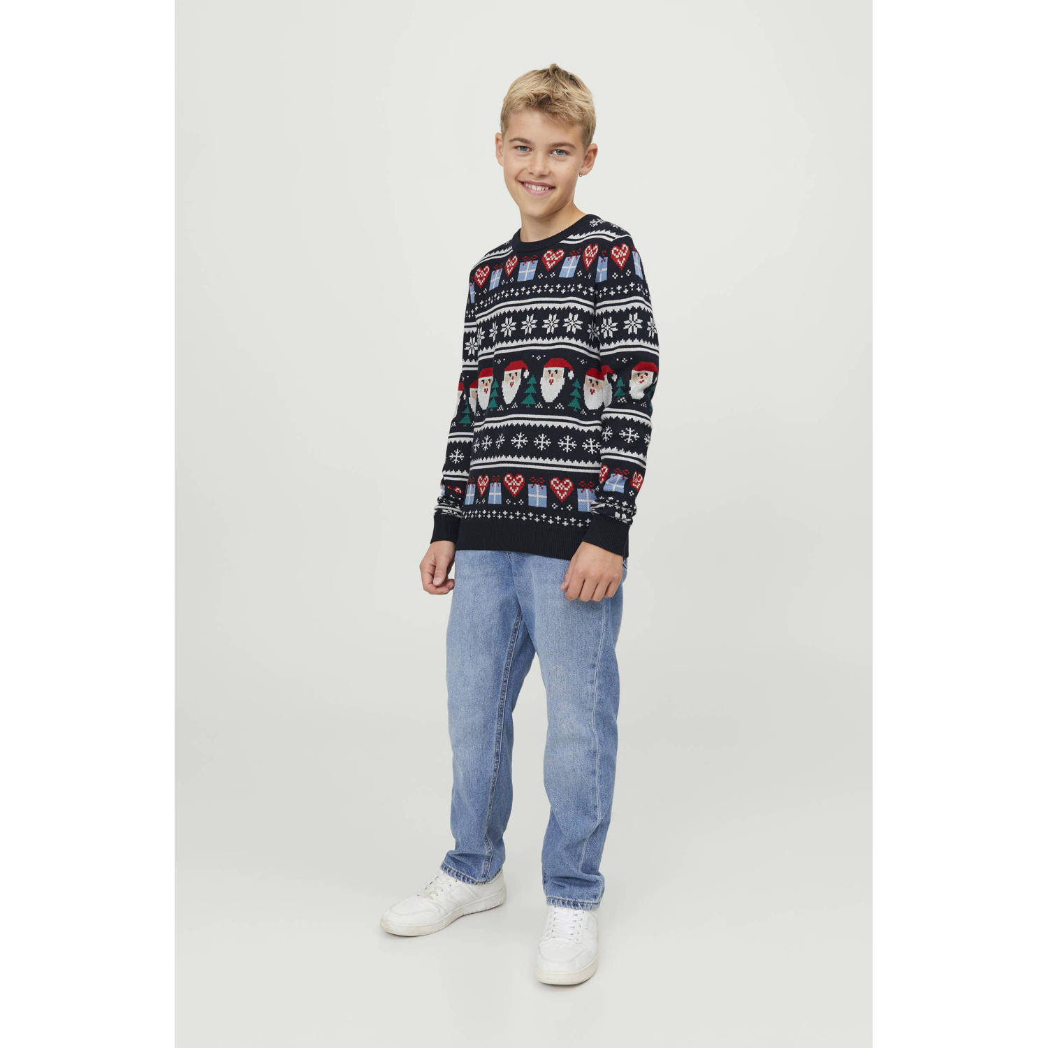 JACK & JONES JUNIOR kersttrui JORFESTIVE met all over print donkerblauw