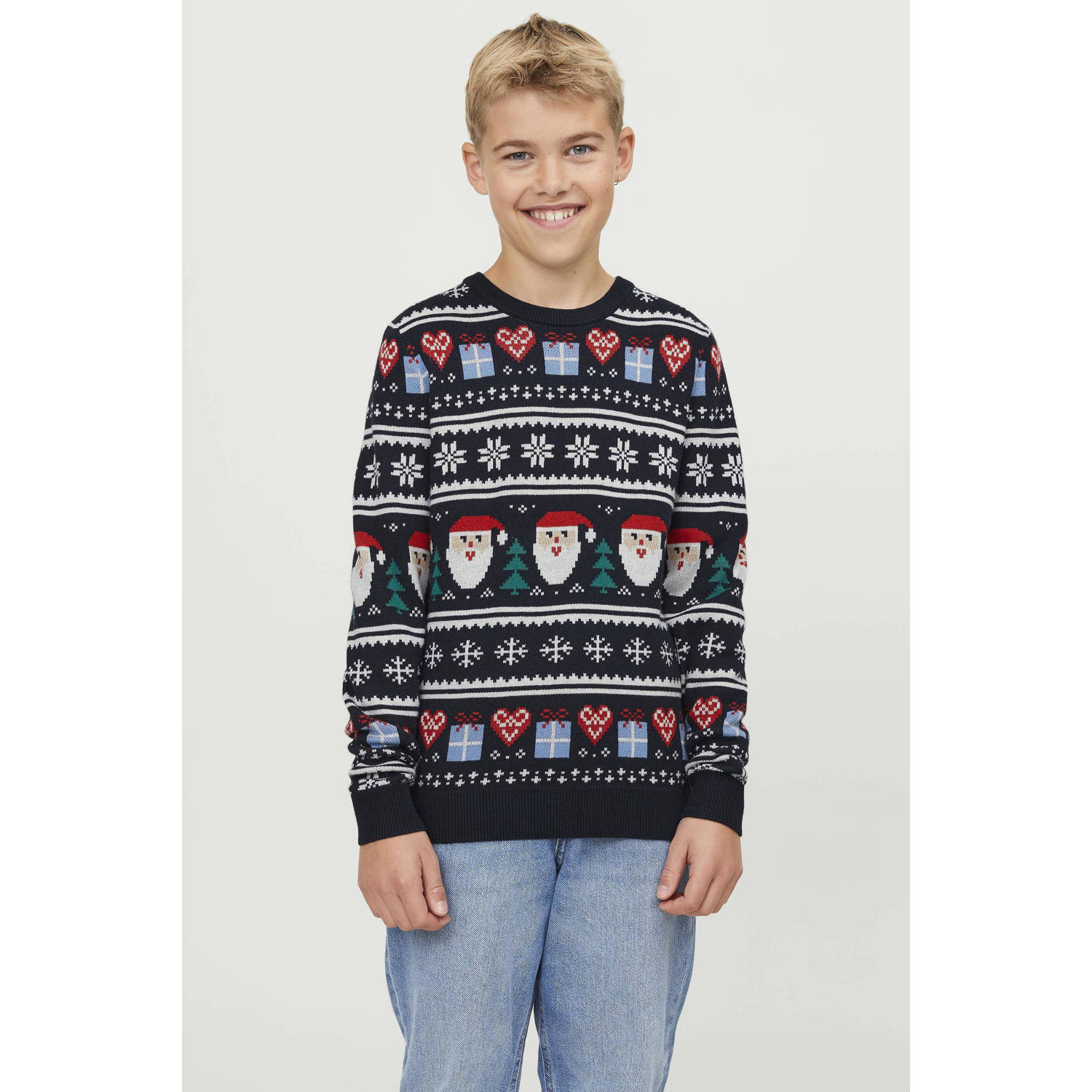 JACK & JONES JUNIOR kersttrui JORFESTIVE met all over print donkerblauw