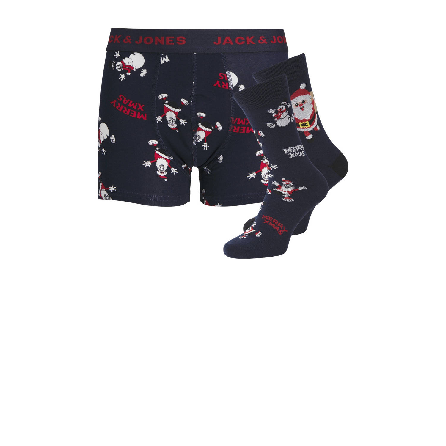 Jack & jones JUNIOR giftbox boxerhort + sokken JACHAPPY XMAS donkerblauw Boxershort Jongens Stretchkatoen 128