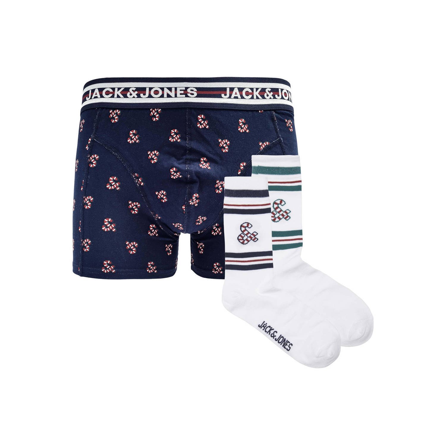 JACK & JONES JUNIOR giftbox boxershort + sokken JACXMAS CANDY donkerblauw wit