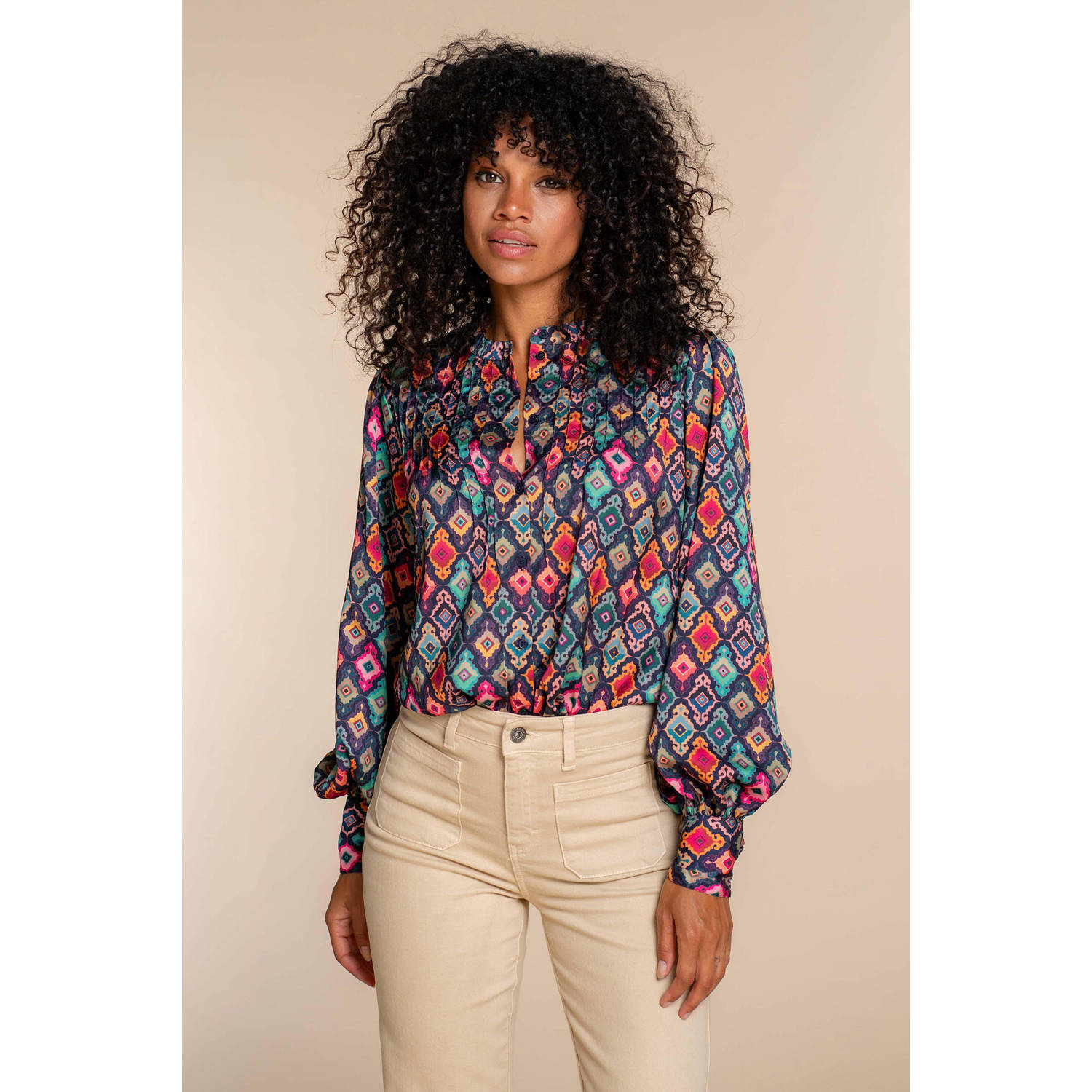 Geisha blouse met all over print paars oker groen