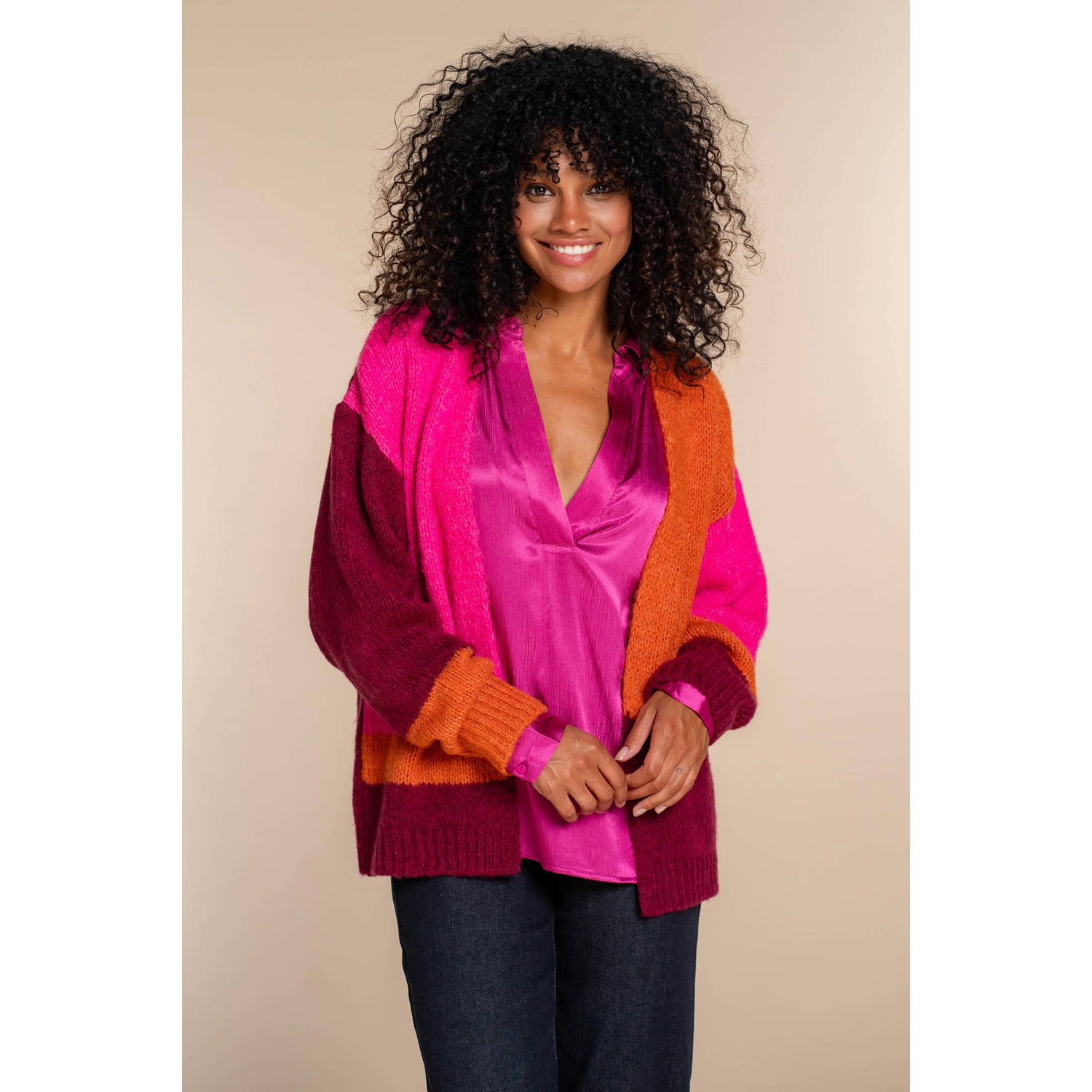 Geisha geruit gebreid vest met wol roze oranje bordeaux