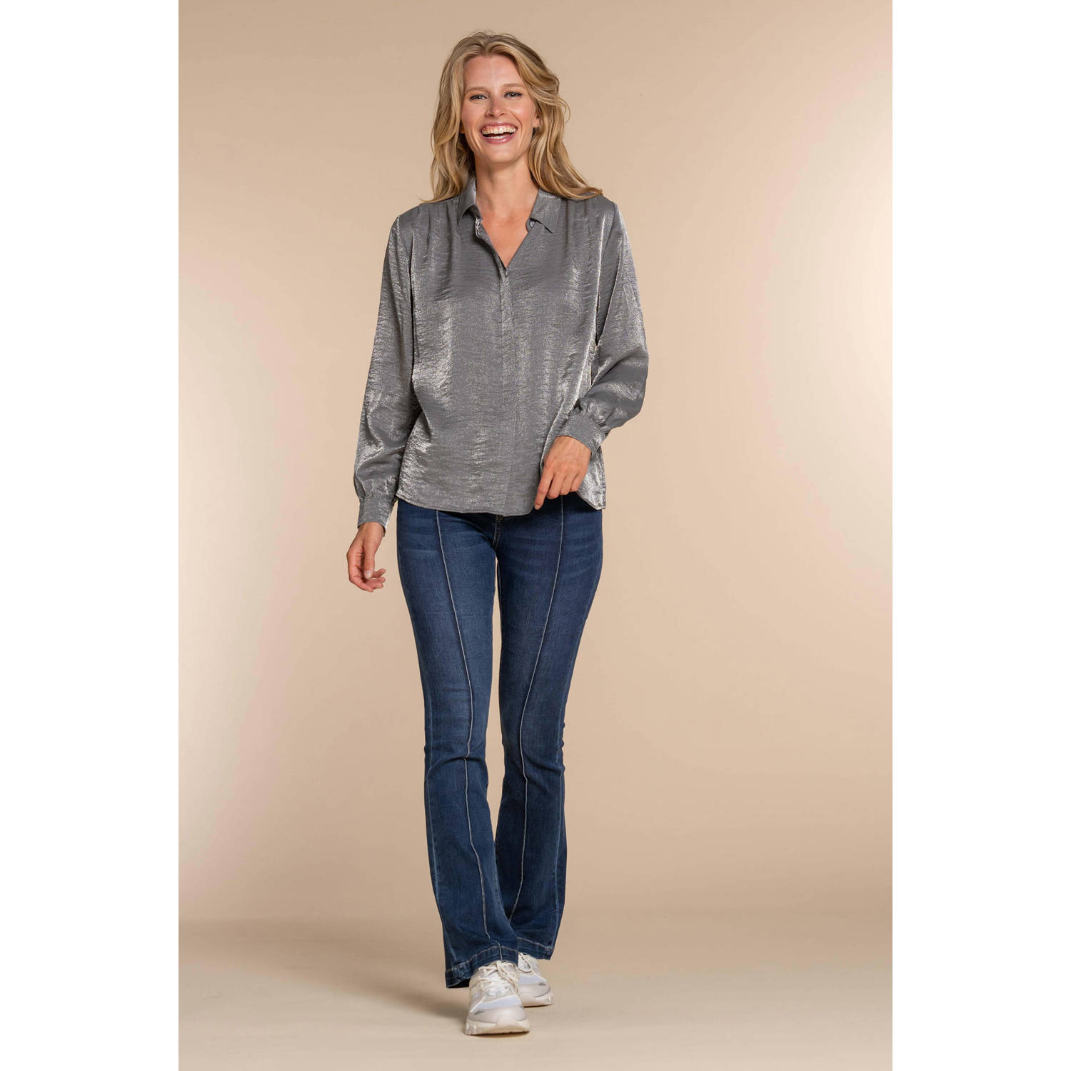 Geisha Flare Denim Jeans met Gestikte Naad Blue Dames