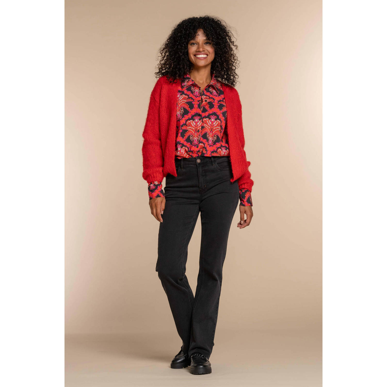 Geisha blouse met all over print roze rood zwart