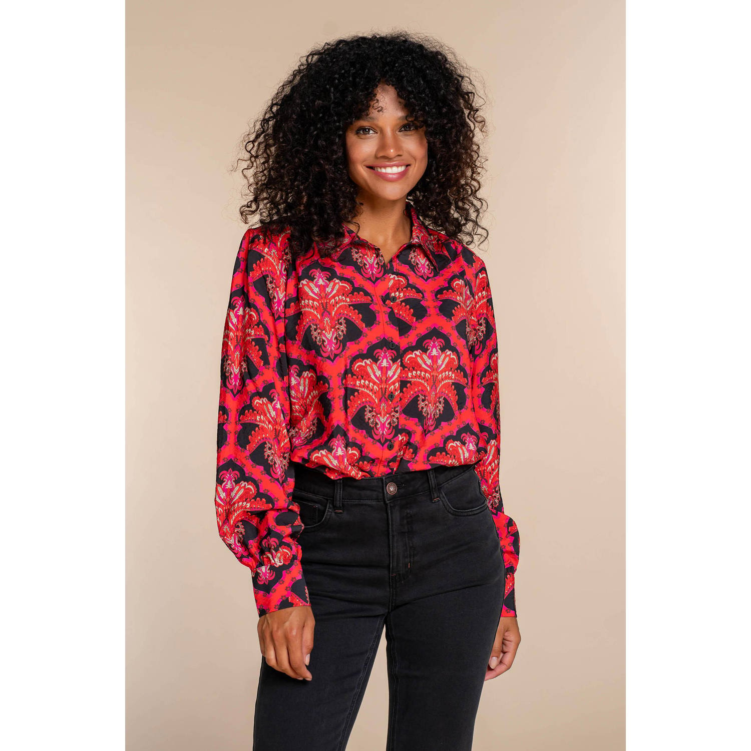 Geisha blouse met all over print roze rood zwart