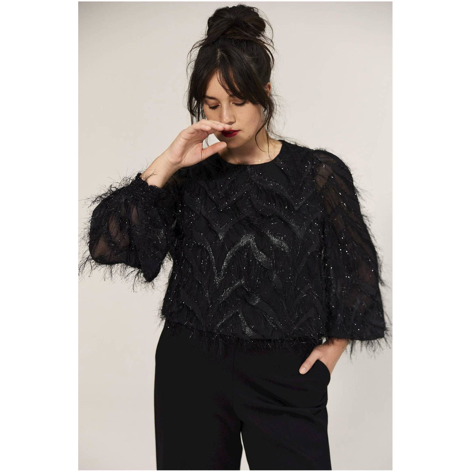 Summum Woman Fluffy Top Lange Mouw Black Dames