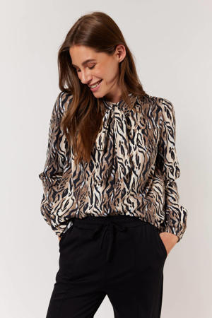 blouse Bo met all over print zwart/bruin/lichtblauw