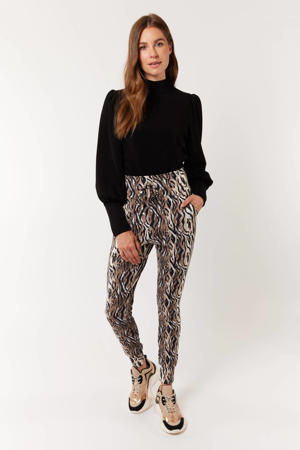 high waist slim fit broek Birgitte met all over print zwart/bruin/lichtblauw