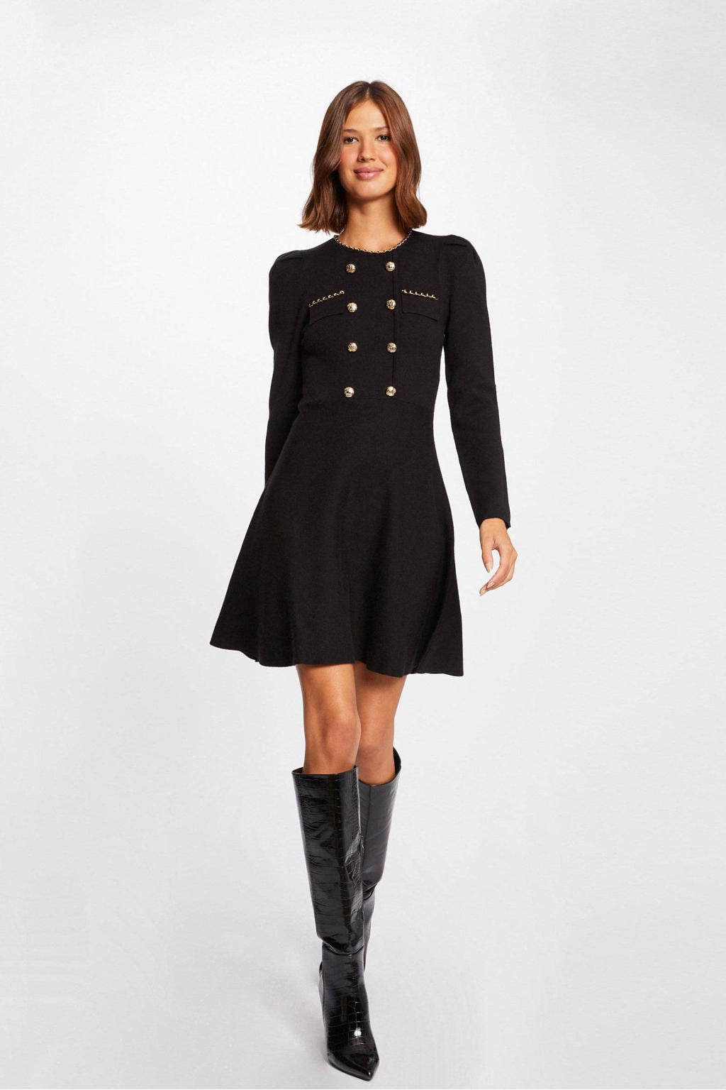 Zwarte dames Morgan jurk detail van viscose met effen, lange mouwen en haaksluiting