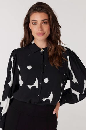 geweven blouse Jayda met all over print zwart/wit