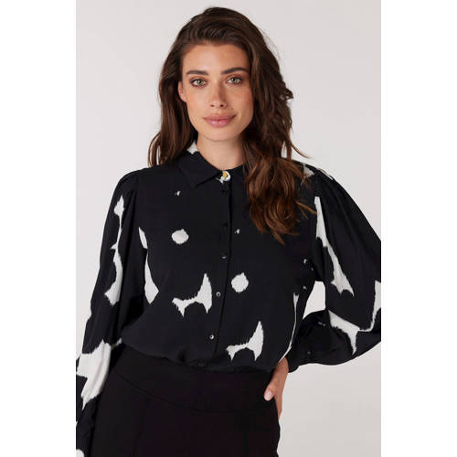 JANSEN Amsterdam geweven blouse Jayda met all over print zwart/wit