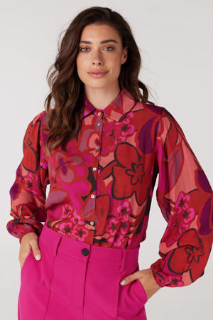 gebloemde geweven blouse Enya roze/ bruin