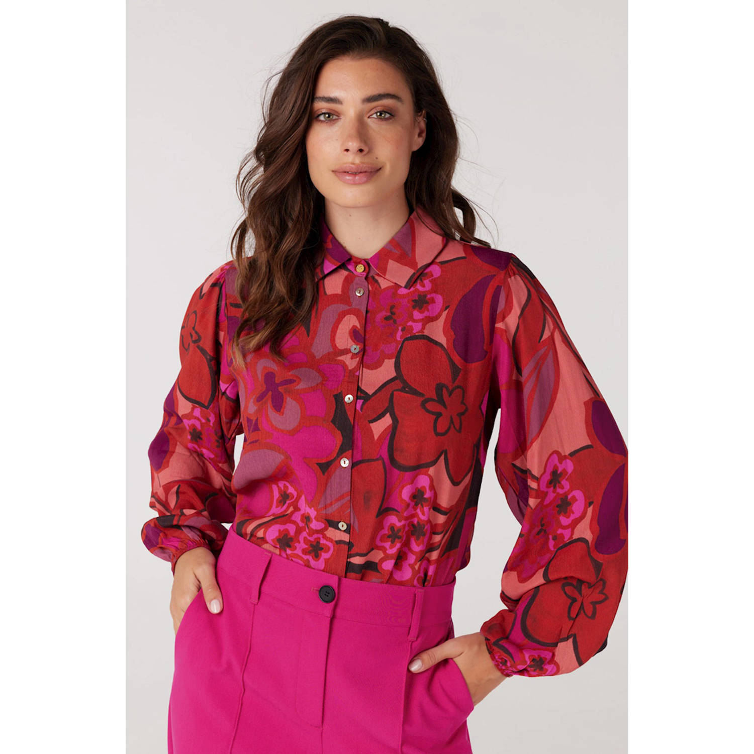 JANSEN Amsterdam gebloemde geweven blouse Enya roze bruin