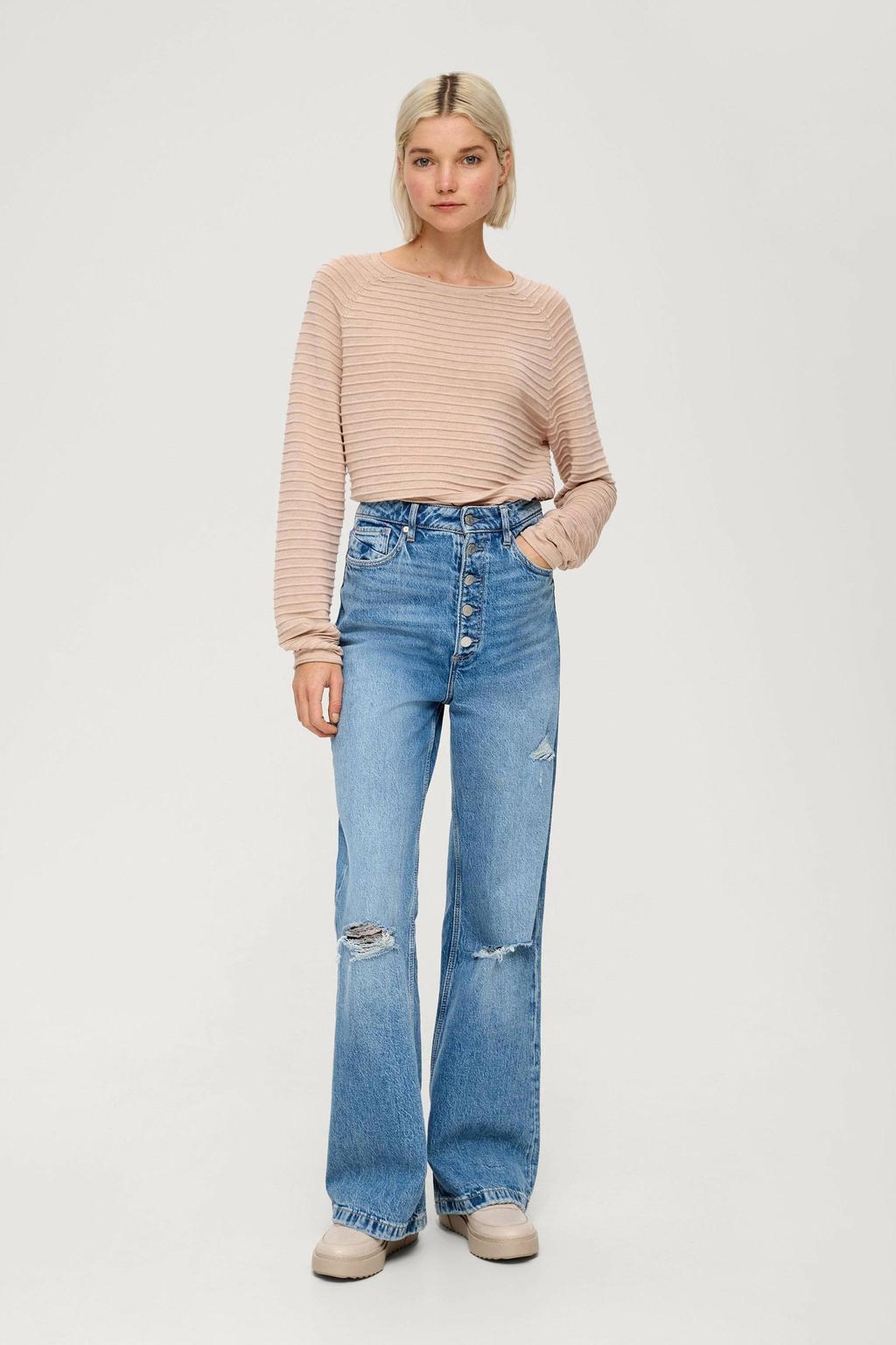 Beige dames QS trui van polyester met effen, lange mouwen, ronde hals en textuur