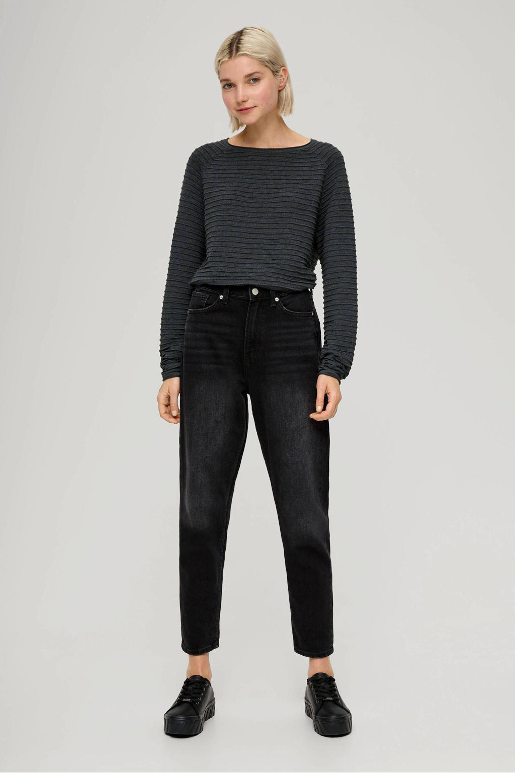 Antraciete dames QS trui van polyester met effen, lange mouwen, ronde hals en textuur