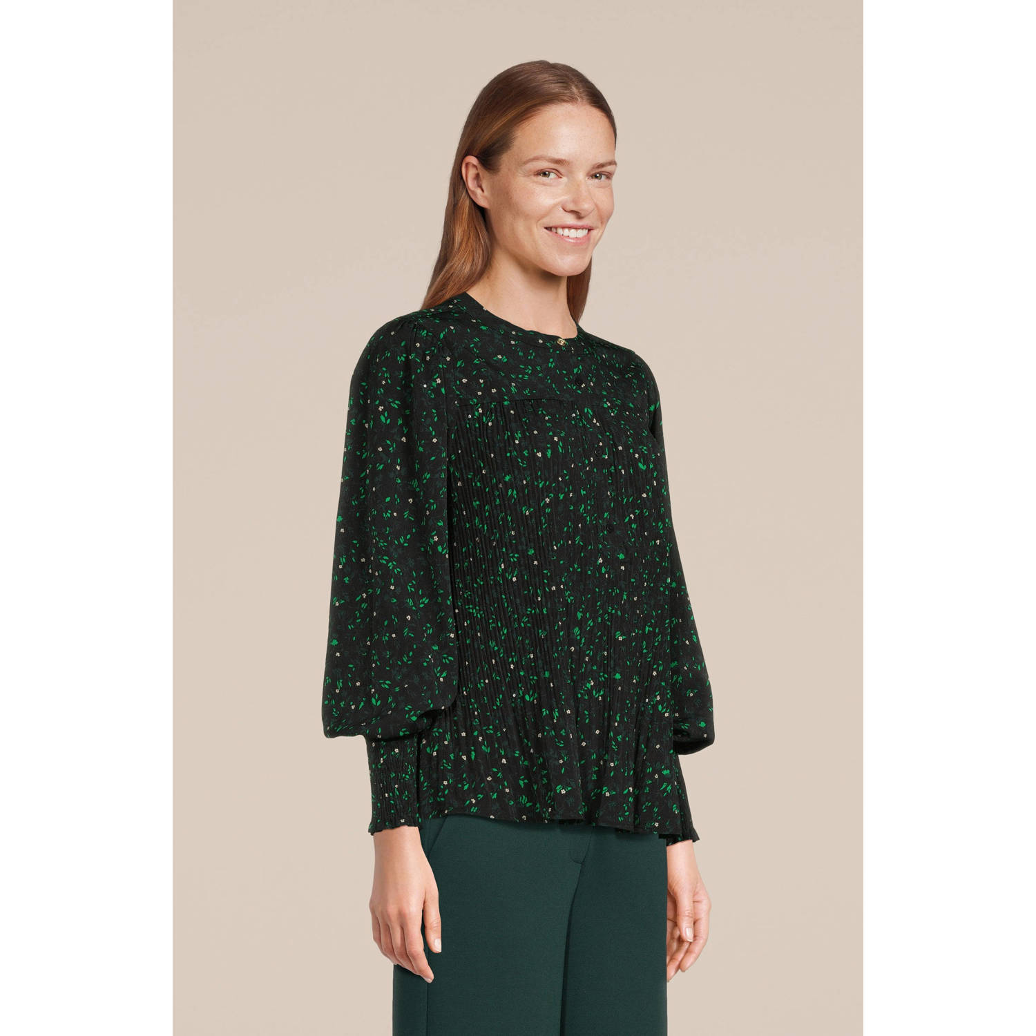 FREEQUENT top FQTERESA met all over print en plooien zwart groen