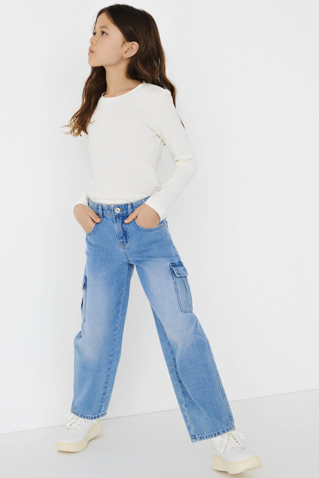 Light blue denim meisjes KIDS ONLY GIRL wide leg jeans van denim met rits- en knoopsluiting en effen