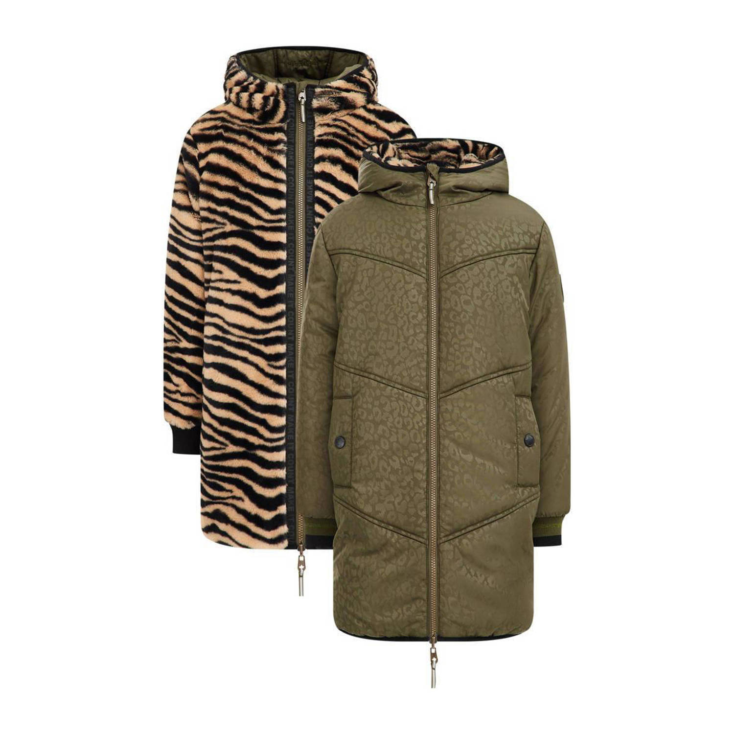 WE Fashion reversible winterjas met imitatiebont groen beige zwart