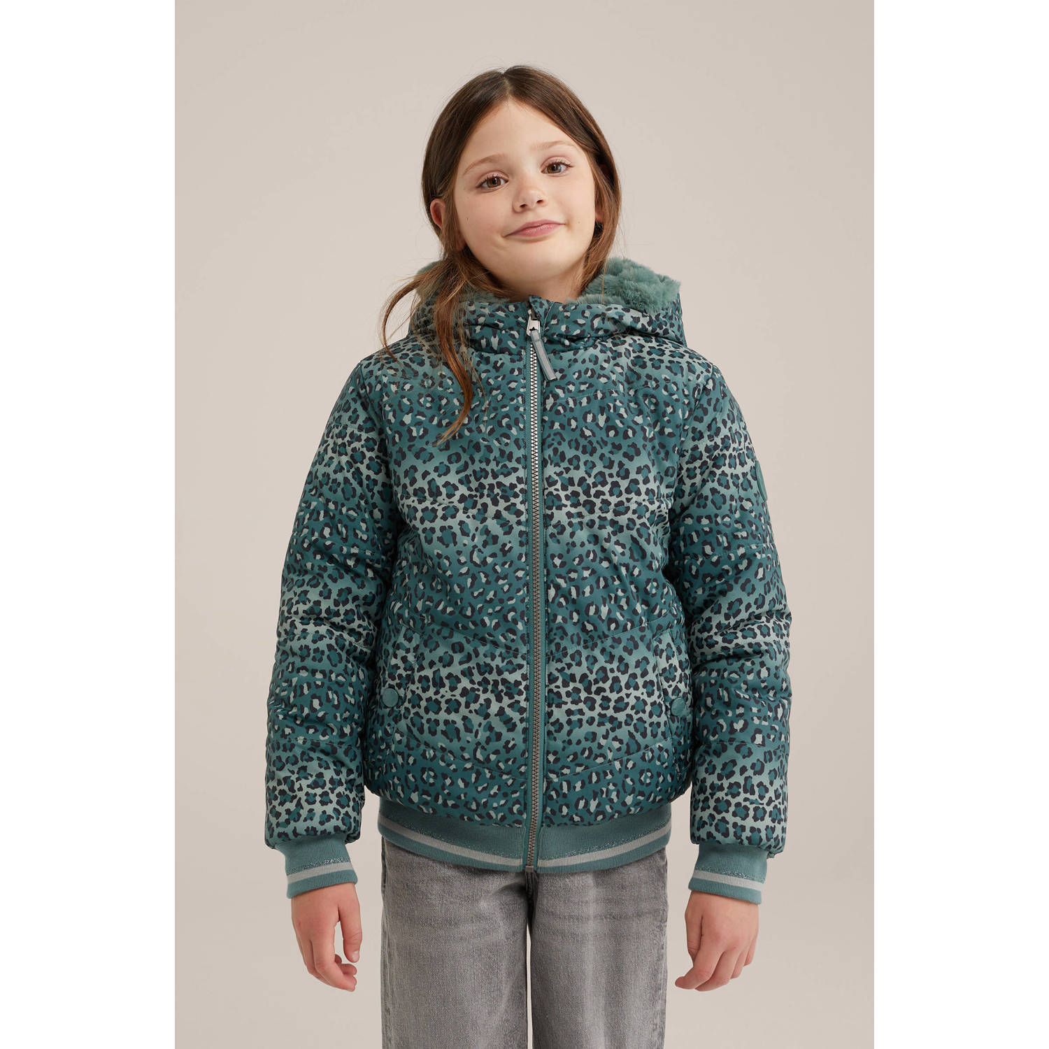 WE Fashion imitatiebont jas met panterprint blauwgroen