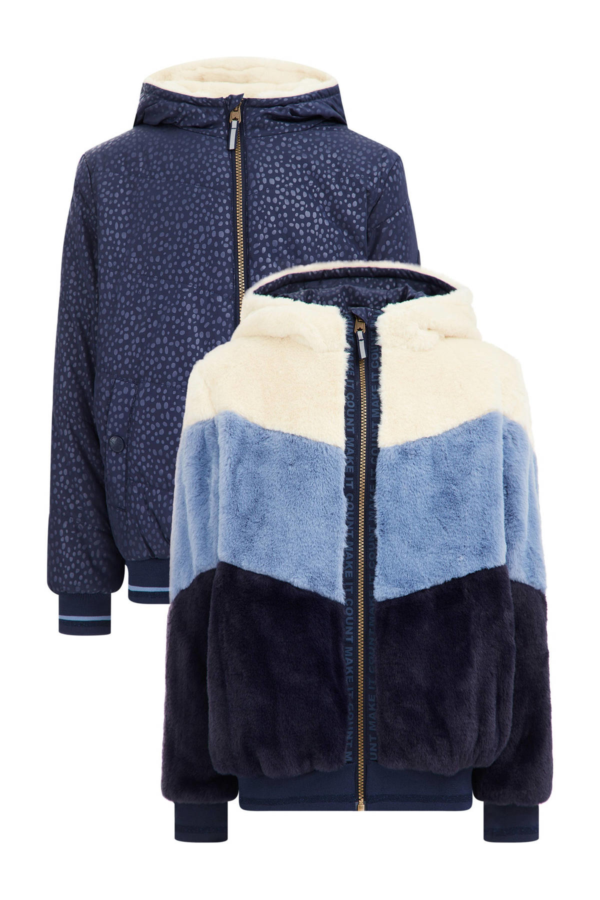 Burger Herziening Boven hoofd en schouder WE Fashion reversible winterjas met imitatiebont blauw/offwhite/donkerblauw  | wehkamp