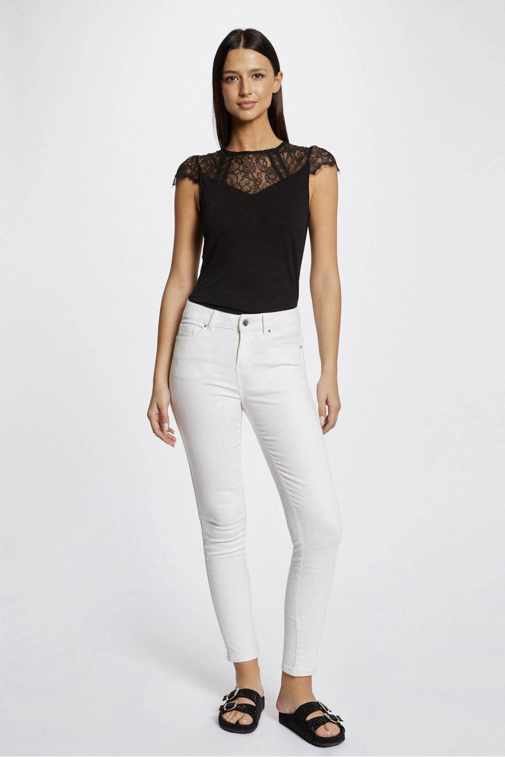 Zwarte dames Morgan top van viscose met effen, korte mouwen en ronde hals