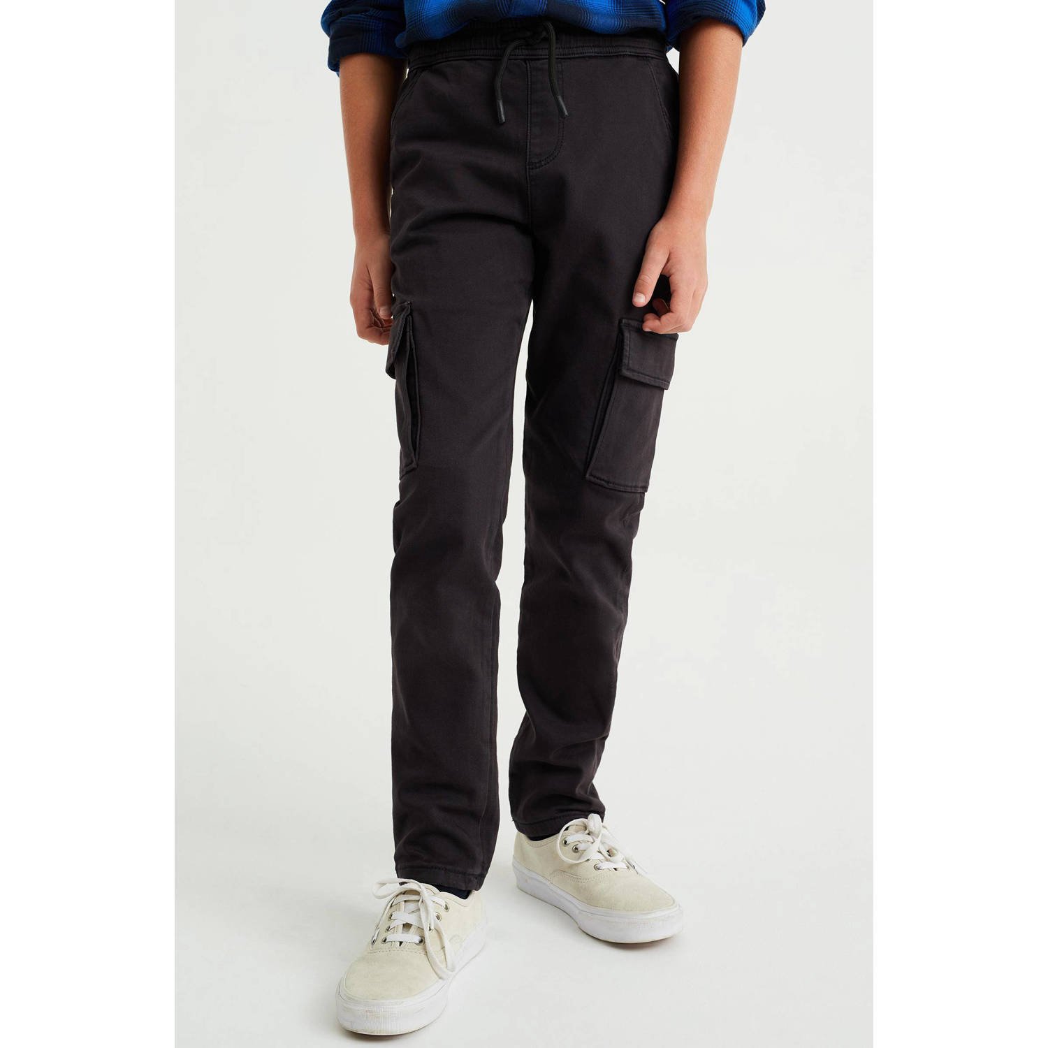 WE Fashion tapered fit cargobroek zwart Meisjes Stretchkatoen 110