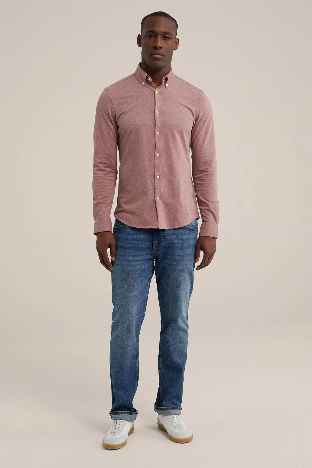 Roze heren WE Fashion slim fit overhemd van katoen met effen, lange mouwen en button down sluiting