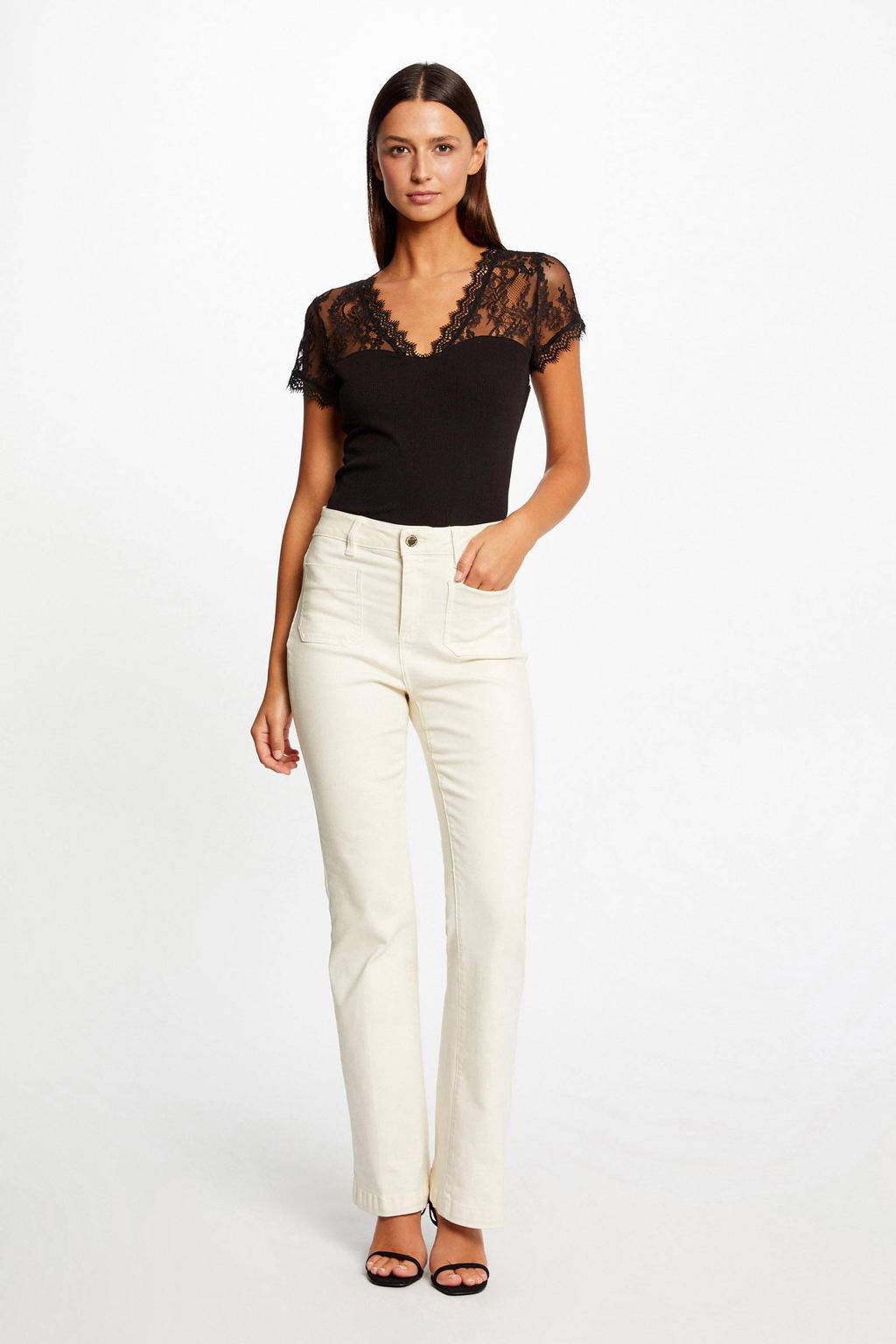 Zwarte dames Morgan semi-transparante top van polyester met effen, korte mouwen en V-hals