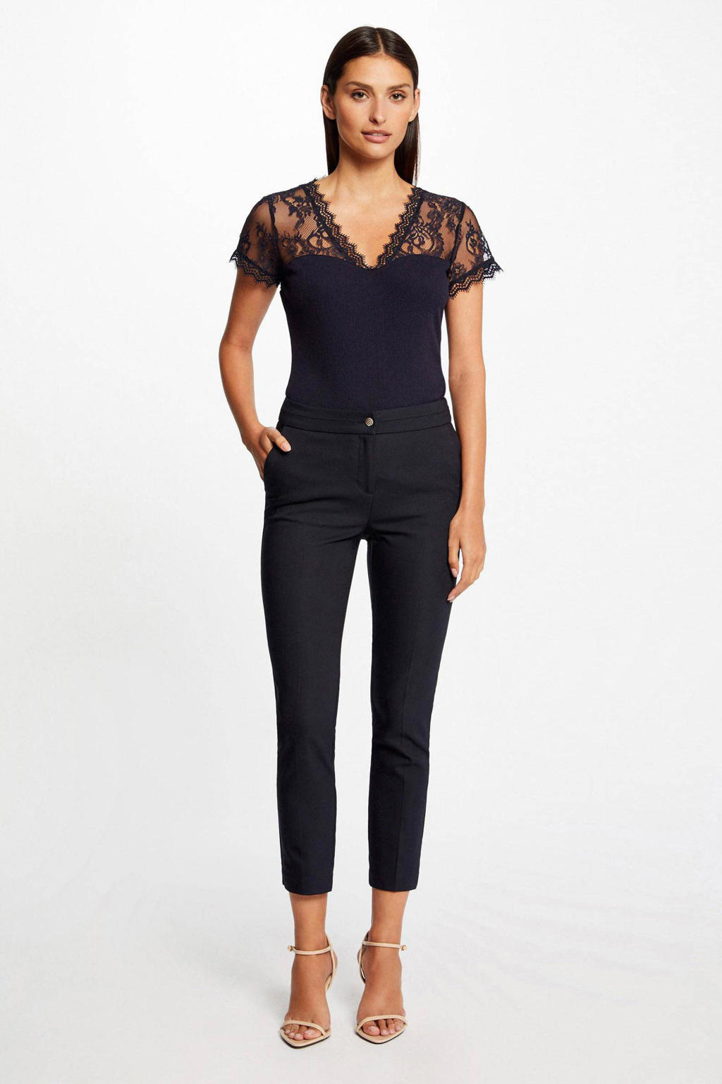 Marineblauwe dames Morgan semi-transparante top van polyester met effen, korte mouwen en V-hals