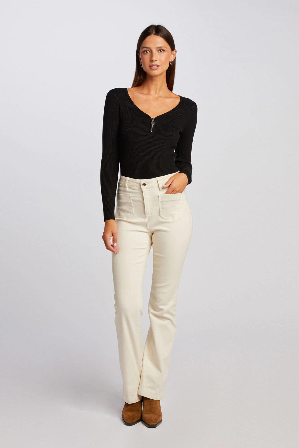 Zwarte dames Morgan ribgebreide top van viscose met effen, lange mouwen en V-hals