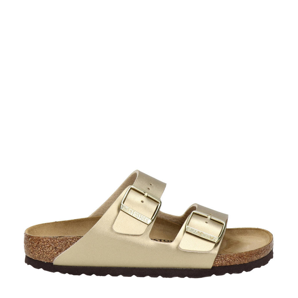 Gouden dames Birkenstock Arizona slippers van imitatieleer met gesp en effen