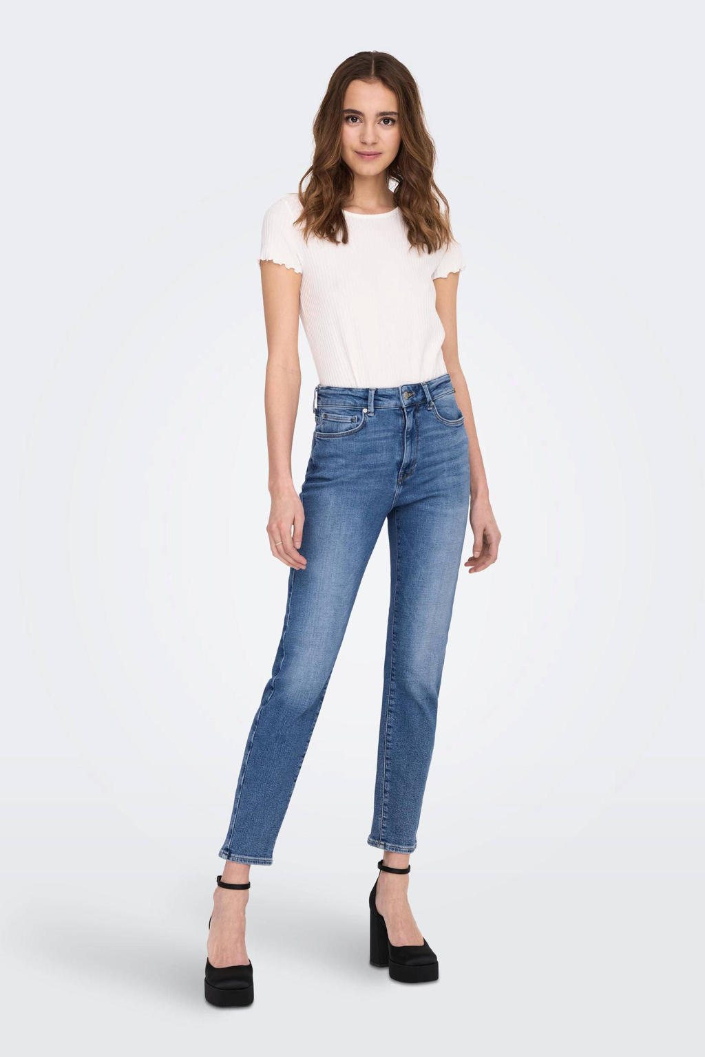 Medium blue denim dames ONLY high waist cropped slim fit jeans van denim met effen
