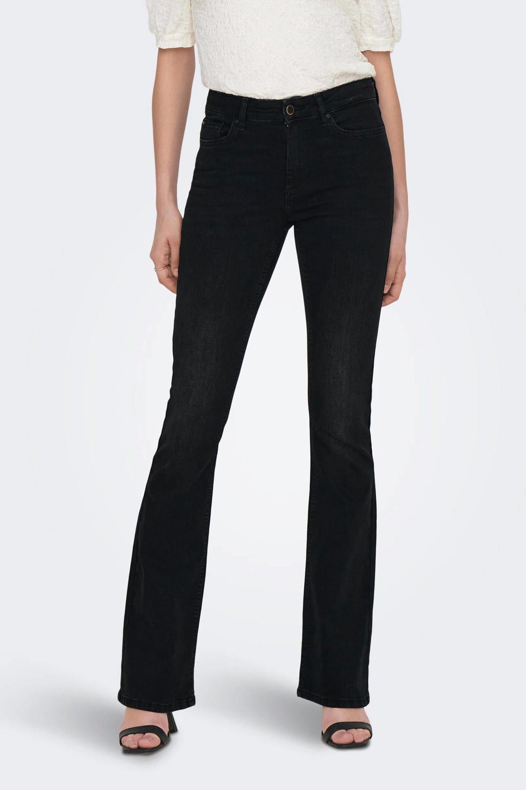 Zwarte dames ONLY flared jeans van denim met regular waist, rits- en knoopsluiting en effen