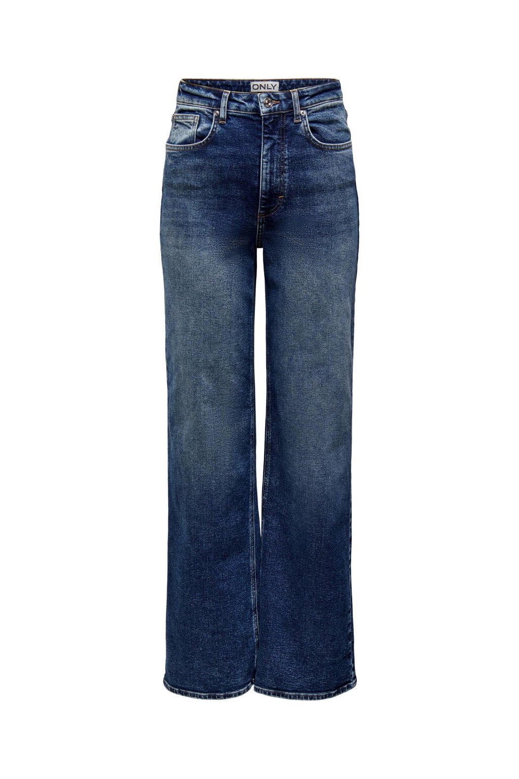Medium blue denim dames ONLY high waist wide leg jeans van katoen met rits- en knoopsluiting en effen