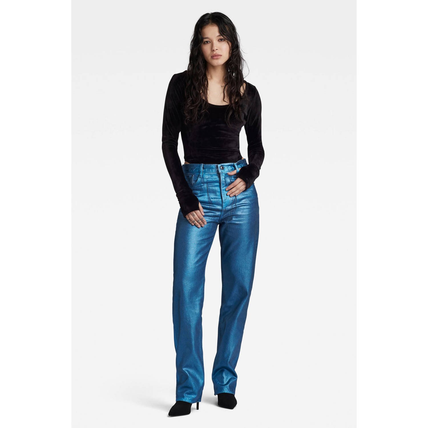 G-Star RAW metallic Viktoria coated high waist straight jeans luna blue metal coating