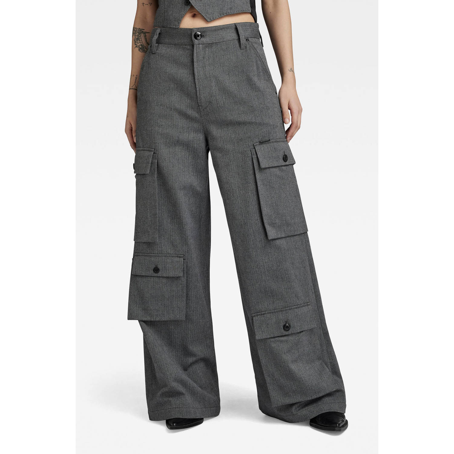 G-Star RAW wide leg cargobroek met visgraat grijs