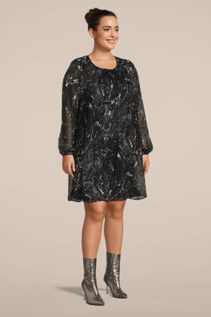 semi-transparante A-lijn jurk met all over print zwart/wit