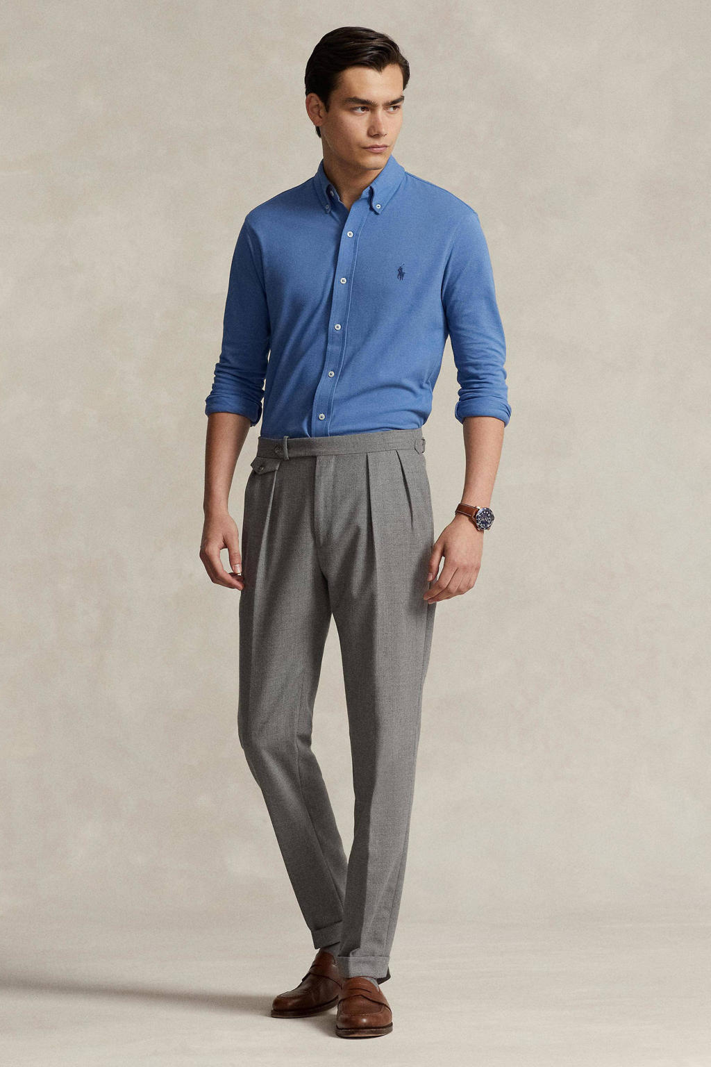 Blauwe heren POLO Ralph Lauren slim fit overhemd van katoen met logo dessin, lange mouwen en button down sluiting