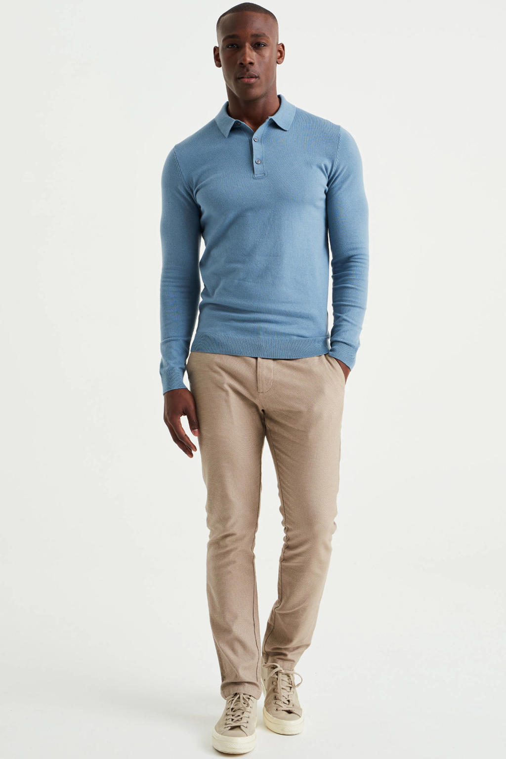 Lichtblauwe heren WE Fashion regular fit polo van katoen met lange mouwen, klassieke kraag en knoopsluiting