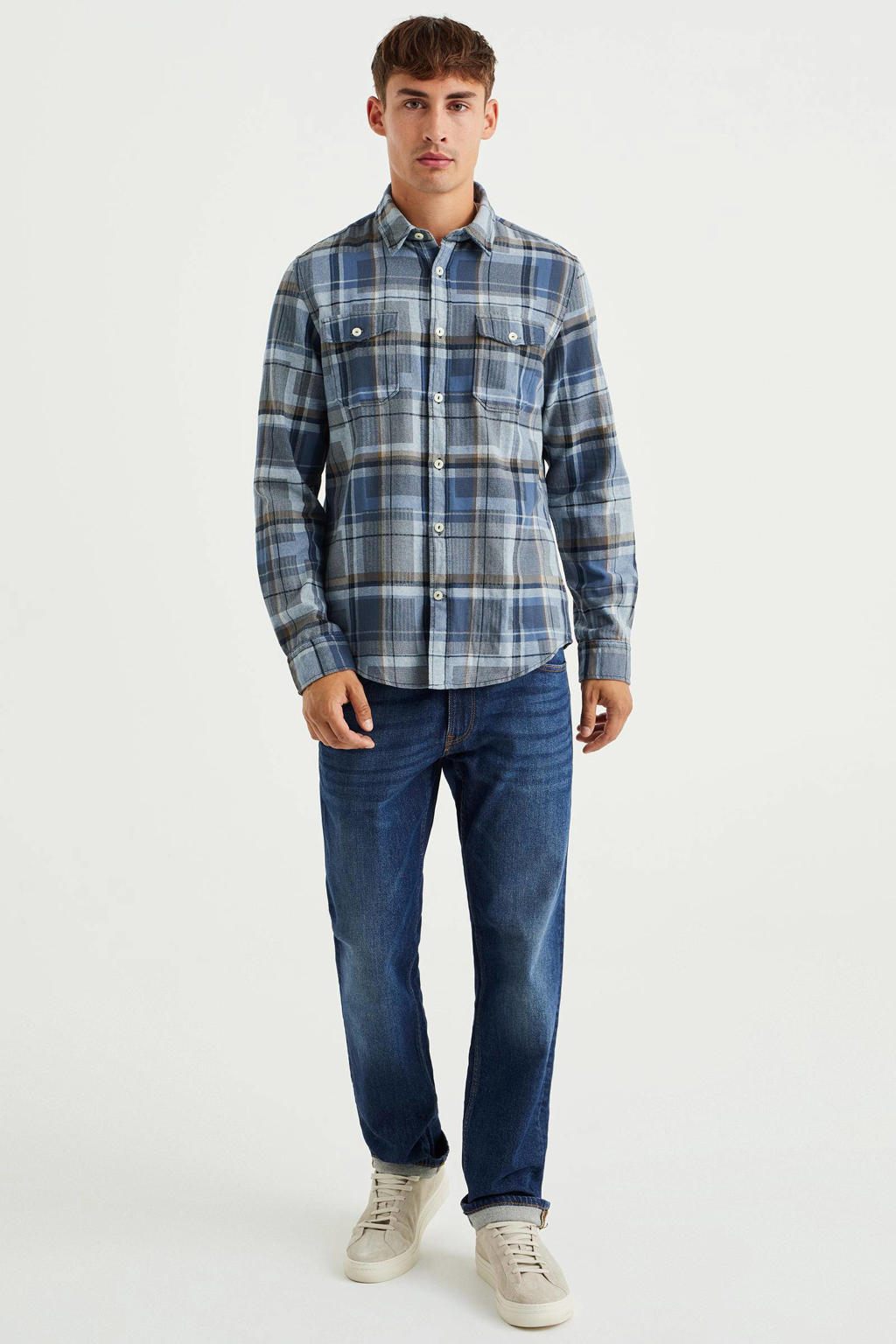 Blauwe heren WE Fashion geruit slim fit overhemd van katoen met lange mouwen en klassieke kraag