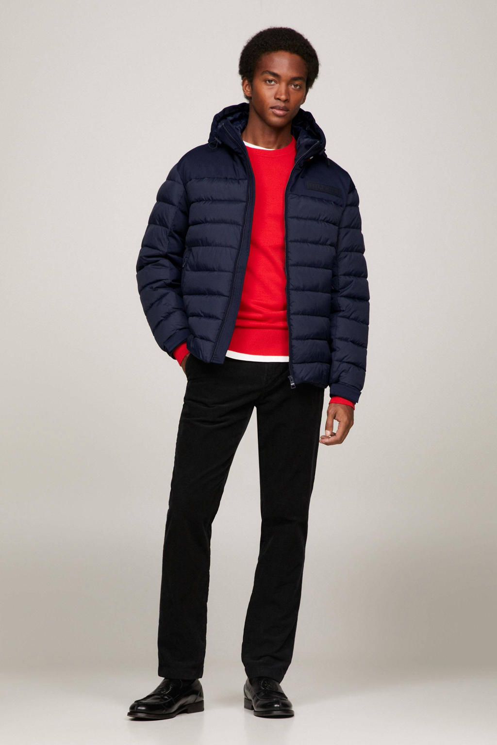 Blauwe heren Tommy Hilfiger gewatteerde winterjas van polyamide met logo dessin, lange mouwen, capuchon en ritssluiting