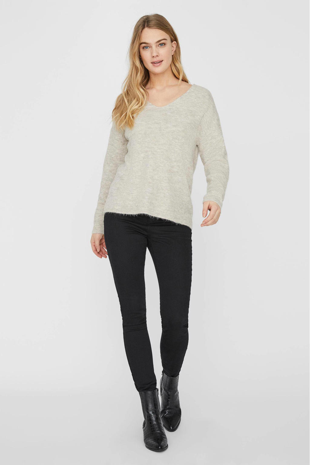 VERO MODA ribgebreide trui VMCREWLEFILE beige melée