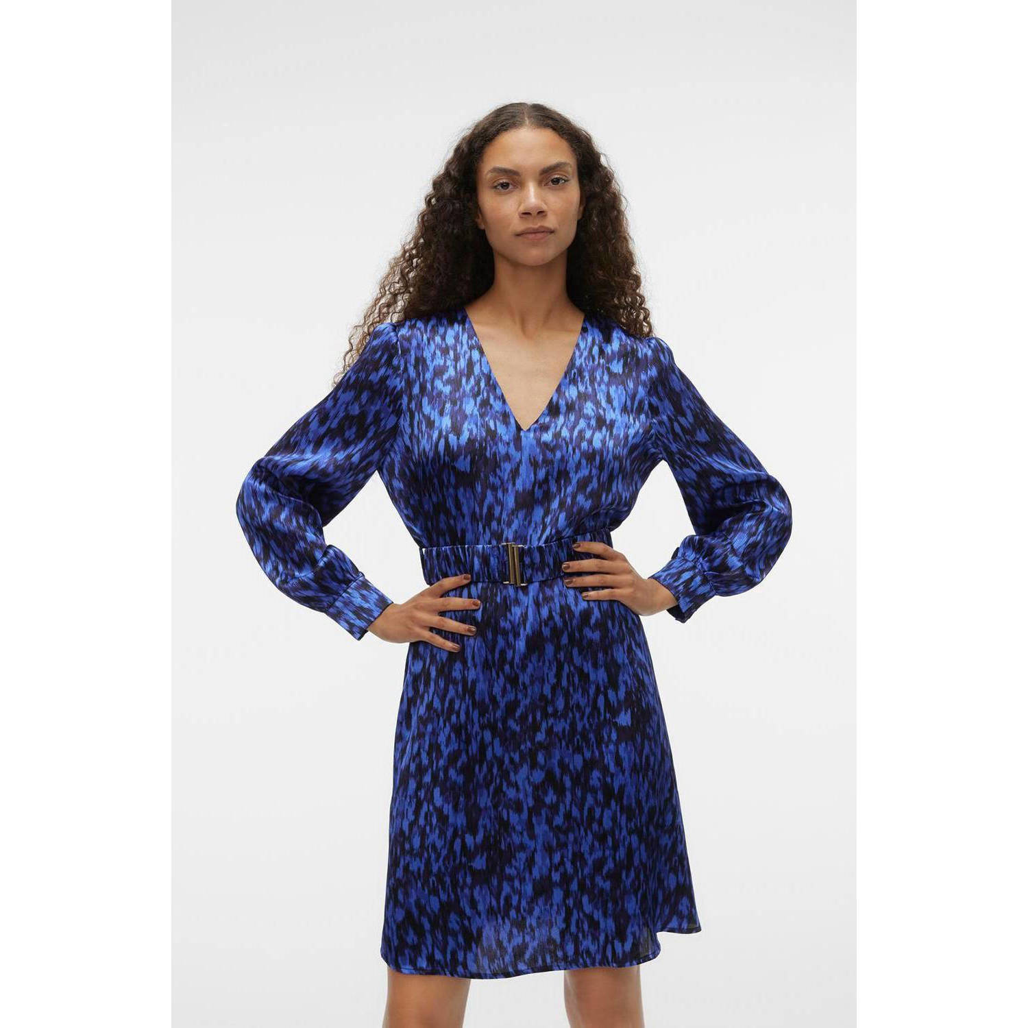 VERO MODA jurk VMEMMA met all over print en ceintuur blauw