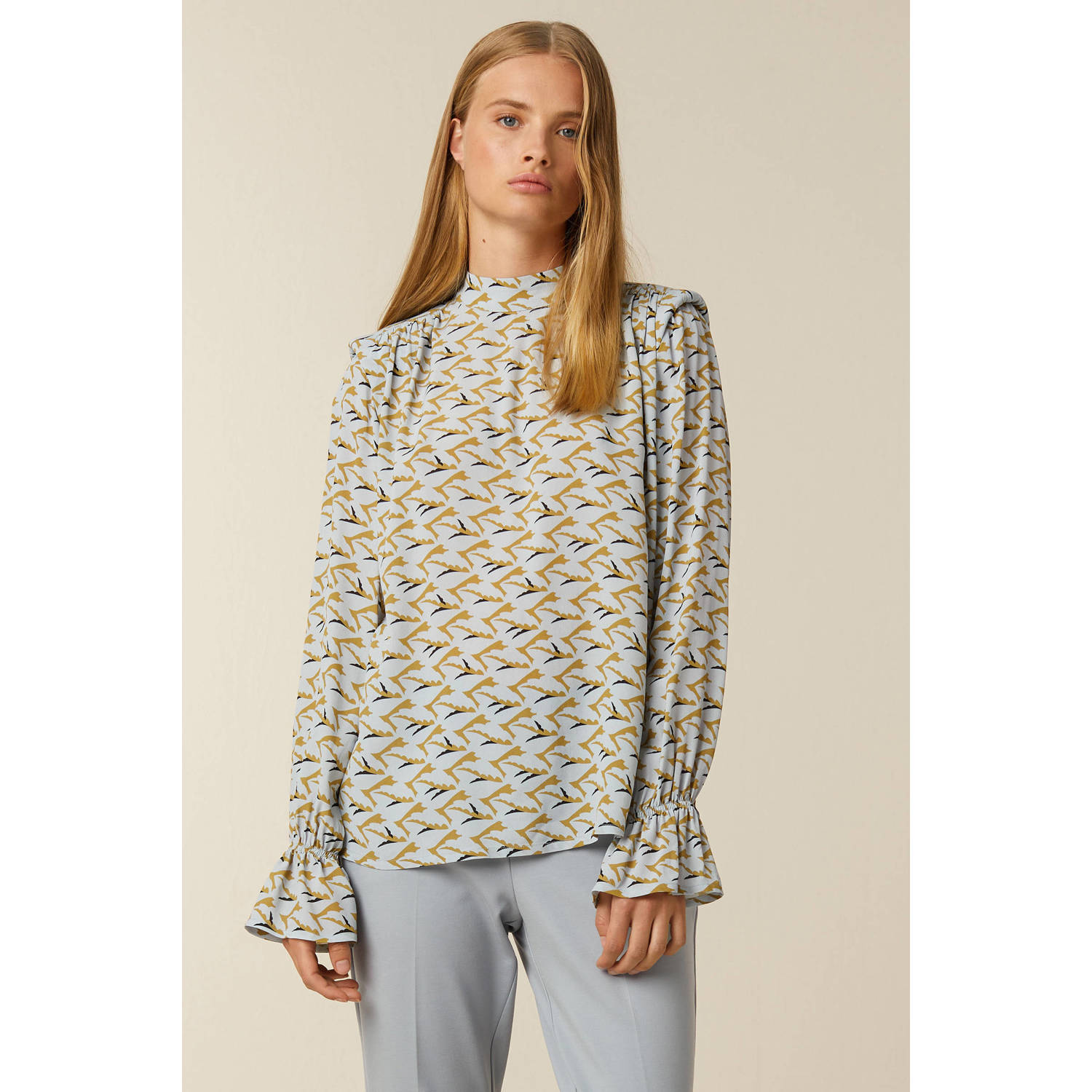 Beaumont top Bird met all over print lichtblauw