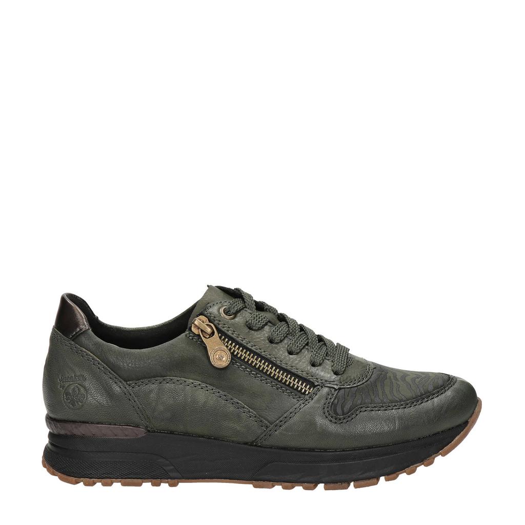 Donkergroene dames Rieker sneakers van imitatieleer met veters en effen