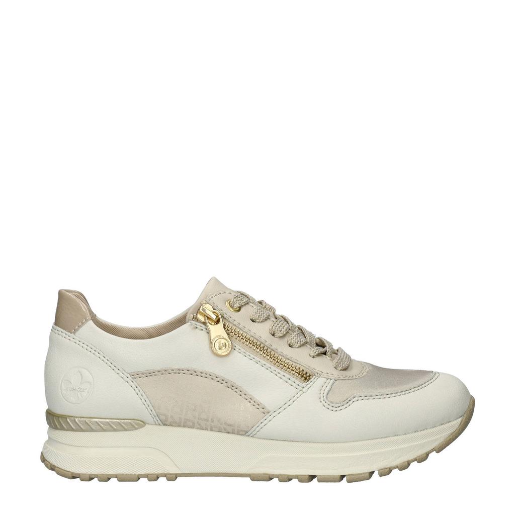 Beige en witte dames Rieker leren sneakers met veters