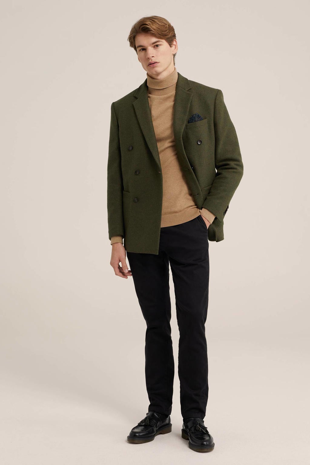Beige heren WE Fashion coltrui fijn gebreid van katoen met effen en lange mouwen